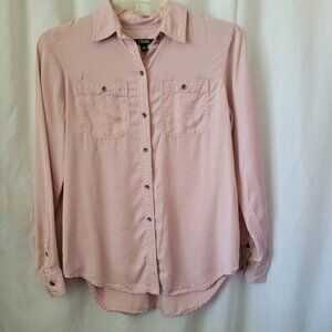 Chaps Pink Blouse Button Front long sleeves Lyocell pockets Medium Flowy EUC
